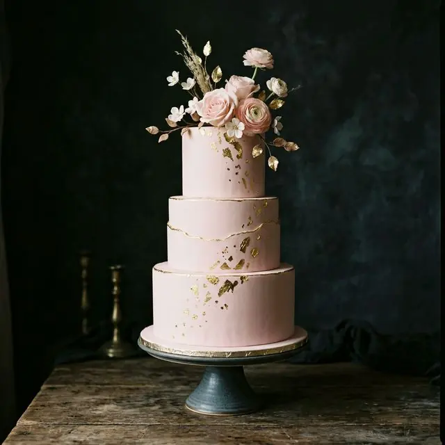 Tarta de autor de tres pisos en rosa con flores y detalles dorados